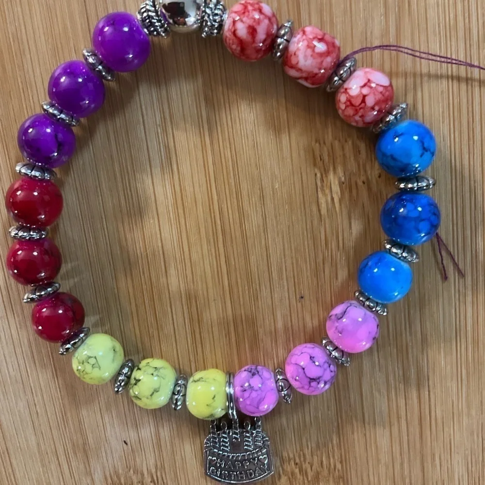 Hand Crafted Charm Bracelet Happy Birthday Pink Blue Yellow Red Amethyst Silver